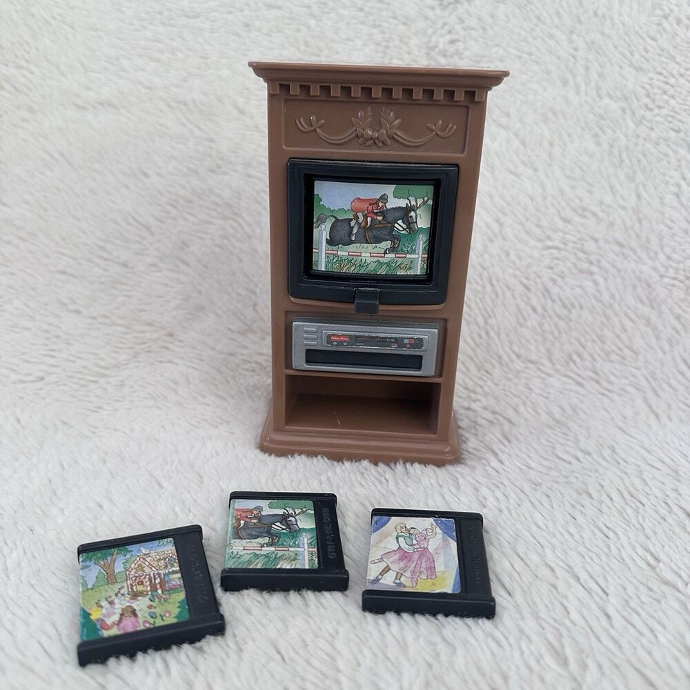 Fisher Price Loving Family Dollhouse 1999 TV VCR With VHS Tapes